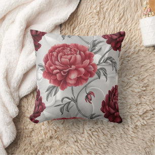 Hand-Drawn Peony Throw Pillow Cover Elegant Crimso