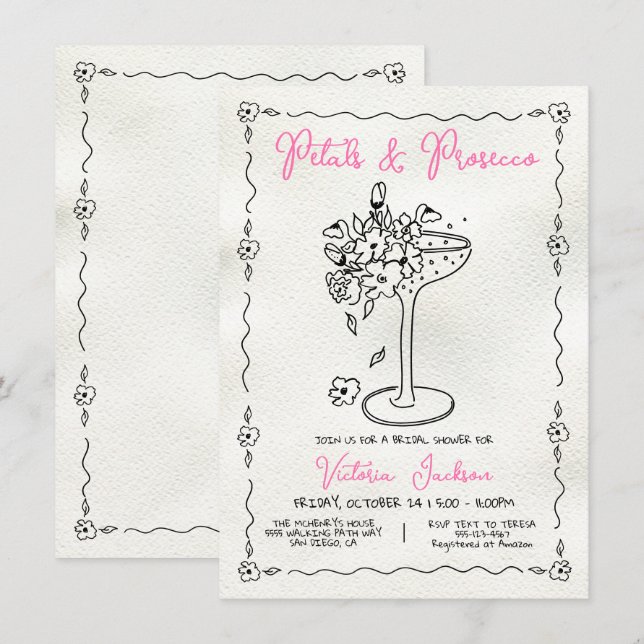 Hand Drawn Petals and Presecco Bridal Shower Invitation (Front/Back)