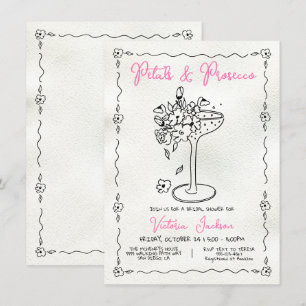 Hand Drawn Petals and Presecco Bridal Shower Invitation