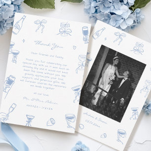 Hand Drawn Photo Dusty Blue Wedding Thank You Card