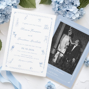 Hand Drawn Photo White and Dusty Blue Wedding Invitation