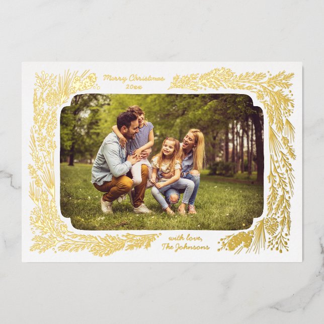 Hand drawn Pine Frame Foil Holiday Card (Front)