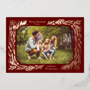 Hand drawn Pine Frame Photo Gold Foil Holiday Card