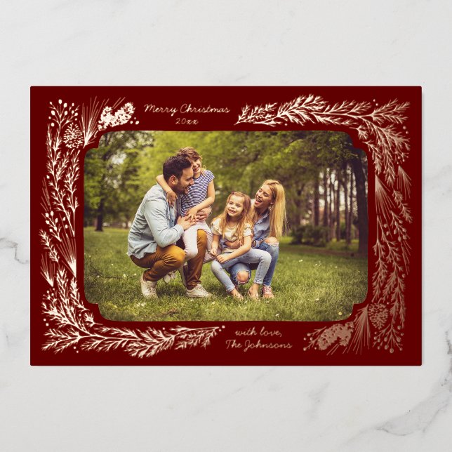 Hand drawn Pine Frame Photo Gold Foil Holiday Card (Front)