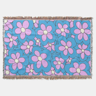 Hand Drawn Pink and Blue Flower Design Throw Blanket