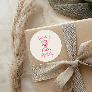  Hand Drawn Pink Bow Champagne Glass 30th Birthday Classic Round Sticker