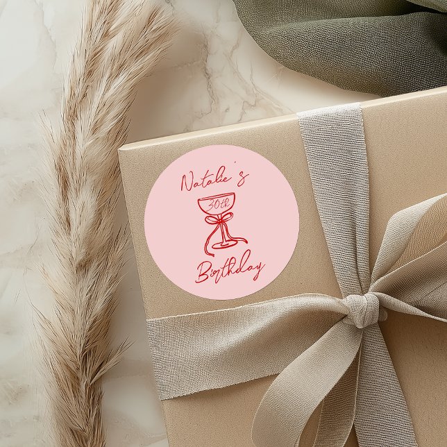 Hand Drawn Pink Bow Champagne Glass Birthday  Classic Round Sticker (Creator Uploaded)