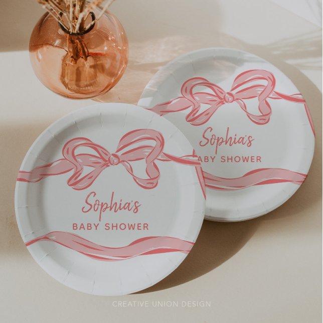 Hand Drawn Pink Bow Girl Baby Shower Paper Plate (girl baby shower)