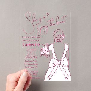 Hand Drawn Pink Bow Wedding Gown Bridal Shower Acrylic Invitations