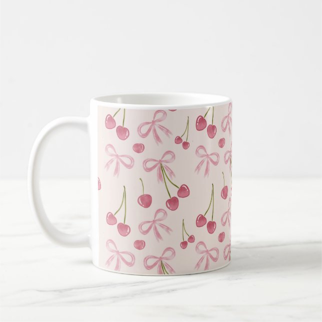 Hand-drawn Pink Cherry Coquette Seamless Pattern Coffee Mug (Left)