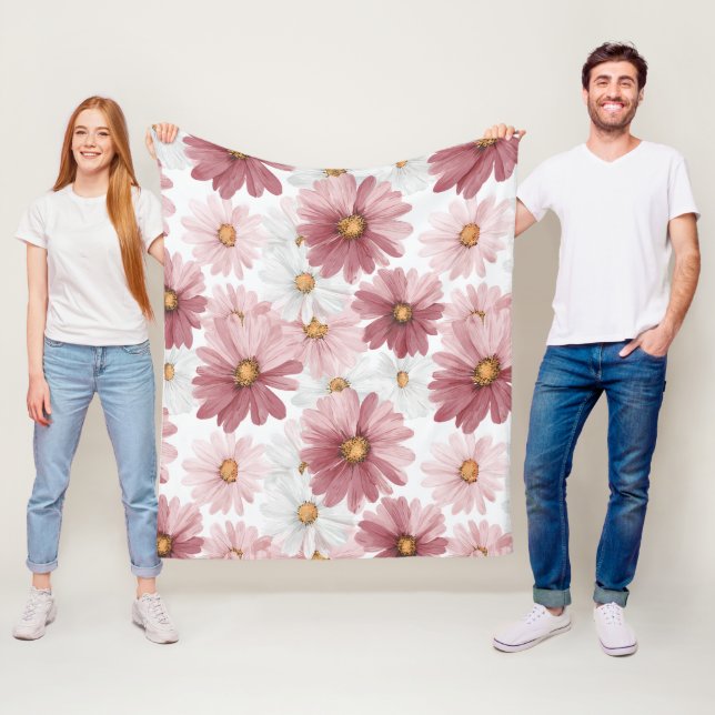 Hand Drawn Pink Daisy White Floral Pattern Fleece Blanket (In Situ)
