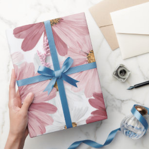 Hand Drawn Pink Daisy White Floral Pattern Wrapping Paper