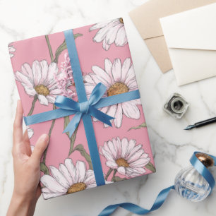 Hand Drawn Pink Daisy White Floral Pattern Wrapping Paper