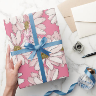 Hand Drawn Pink Daisy White Floral Pattern Wrapping Paper