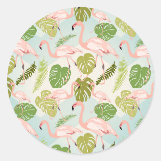 Hand drawn pink flamingo and monstera leaves. Seam Classic Round Sticker