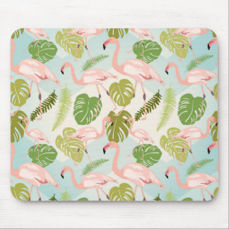 Hand drawn pink flamingo and monstera leaves. Seam Mouse Pad
