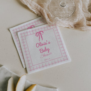 Hand Drawn Pink Gingham Bow Baby Girl Shower Napkin