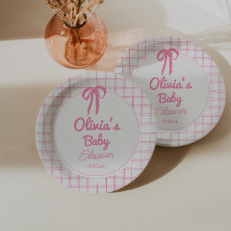 Hand Drawn Pink Gingham Bow Baby Girl Shower Paper Plate