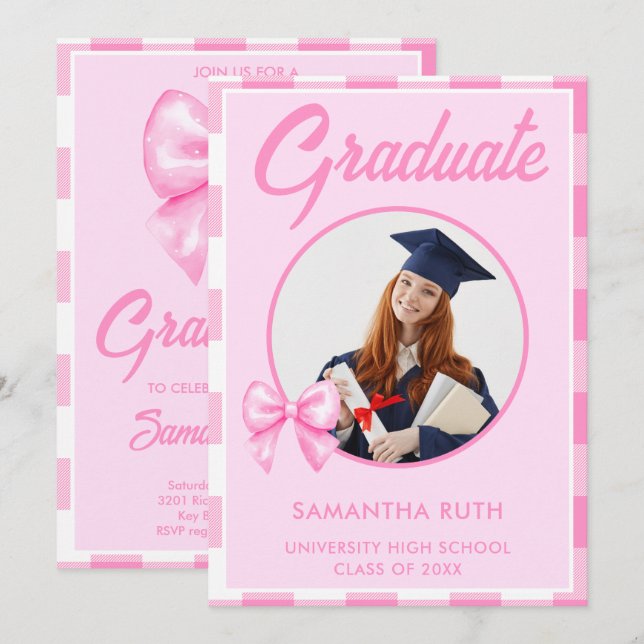 Hand Drawn Pink Gingham Bow Graduation Photo Invitation (Front/Back)