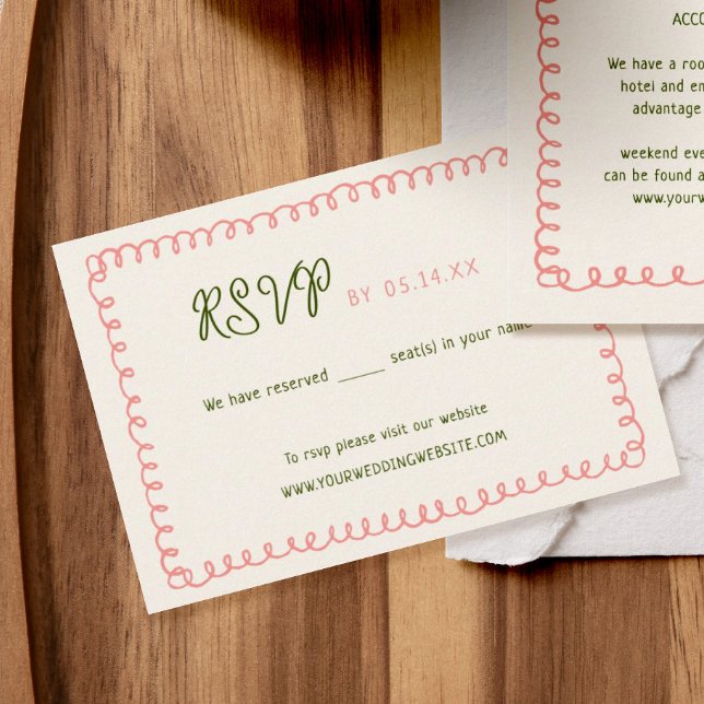 Hand Drawn Pink Green French Fun Wedding  RSVP Card (Creator Uploaded)