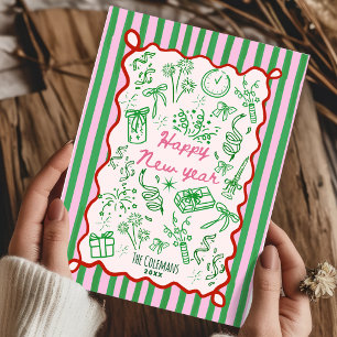 Hand Drawn pink green happy new year greetings Holiday Card