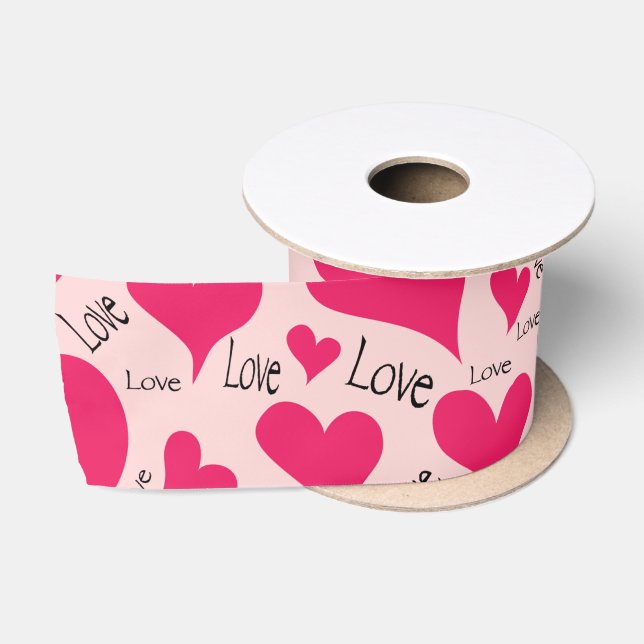 Hand-drawn Pink Heart Love Satin Ribbon (Spool)