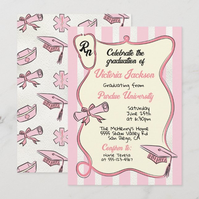 Hand drawn Pink Medical RN Nurse Graduation Invitation (Front/Back)