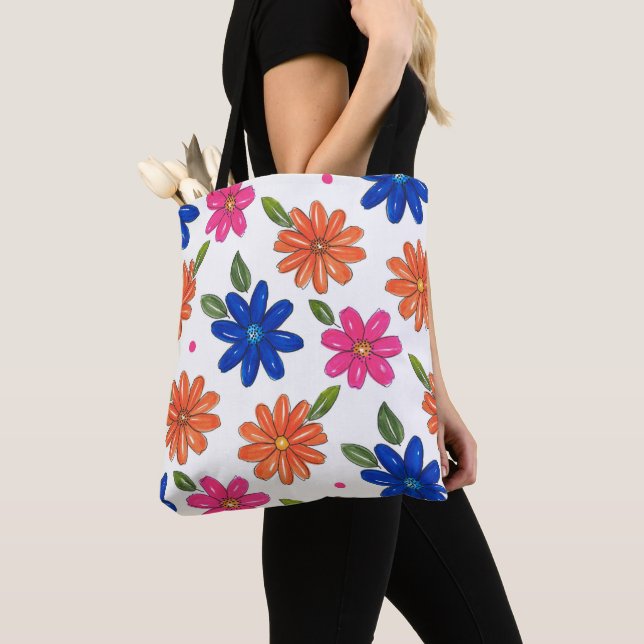 Hand Drawn Pink, Orange, Blue Flowers Tote Bag (Close Up)