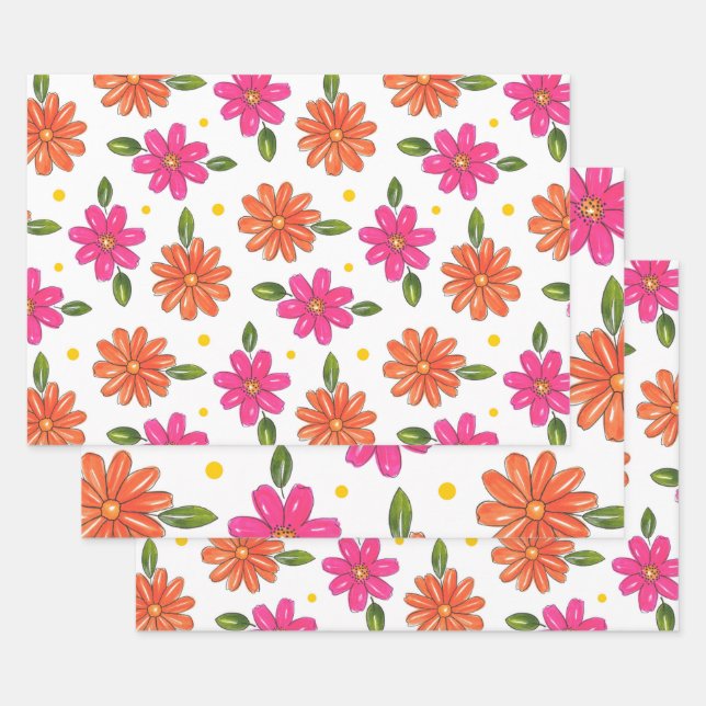Hand Drawn Pink, Orange Flowers Wrapping Paper Sheet (Set)