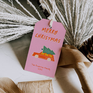 Hand Drawn Pink Red Car Tree Christmas Funky Gift Tags