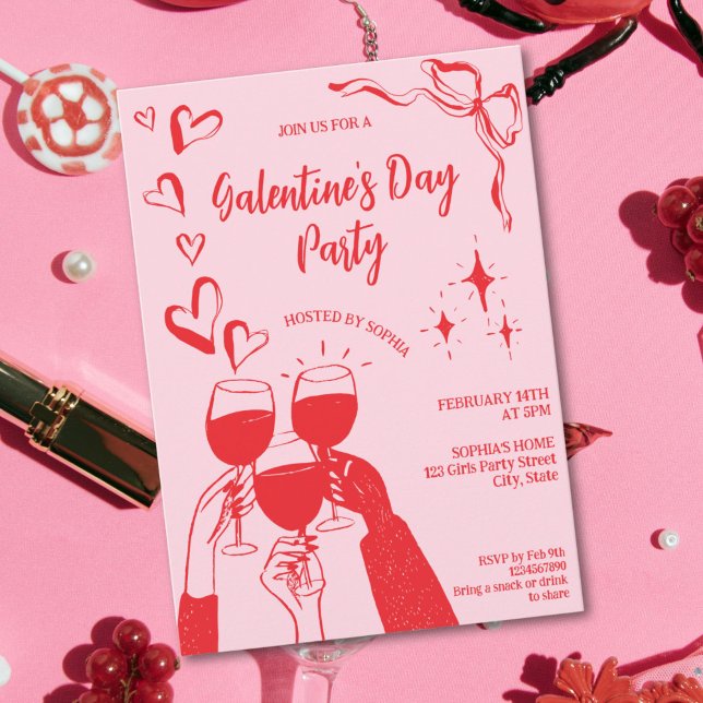 Hand Drawn Pink Red Galentine's Day Cocktail Party Invitation (Cocktail party galentine's day )