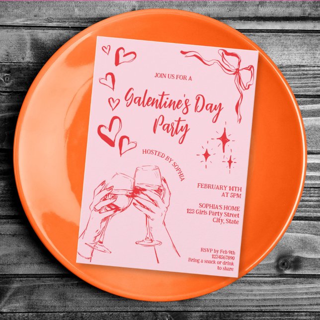 Hand Drawn Pink Red Galentine's Day Cocktail Party Invitation (hand drawn whimsical red and pink Galentine's party)
