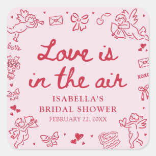 Hand Drawn Pink Red Hearts Valentine Bridal Shower Square Sticker