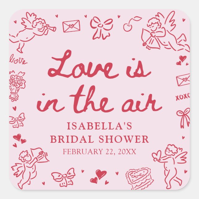 Hand Drawn Pink Red Hearts Valentine Bridal Shower Square Sticker (Front)