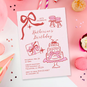 Hand Drawn Pink Red Scribble Birthday Party Invitation