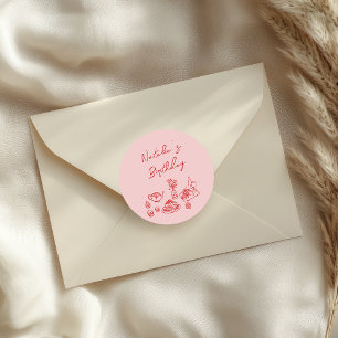 Hand Drawn Pink Red Tableware Birthday Brunch Classic Round Sticker