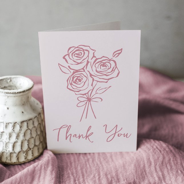 Hand-Drawn Pink Rose Bouquet Bridal Shower Thank You Card (Creator Uploaded)