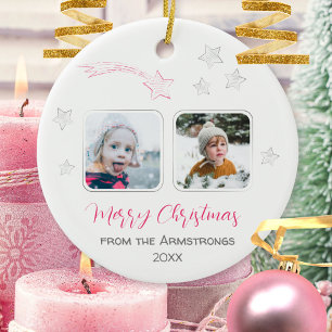 Hand Drawn Pink Shooting Star Photo Xmas Text Gift Ceramic Ornament