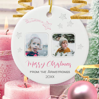 Hand Drawn Pink Shooting Star Photo Xmas Text Gift Ceramic Ornament