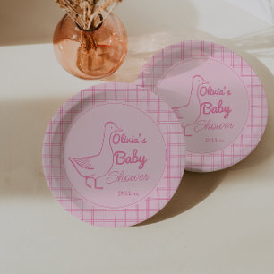 Hand Drawn Pink Silly Goose Fun Baby Girl Shower  Paper Plate