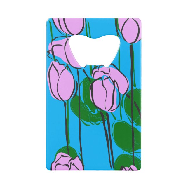Hand Drawn Pink Tulips on Sky Blue Wallet Bottle Opener (Front)
