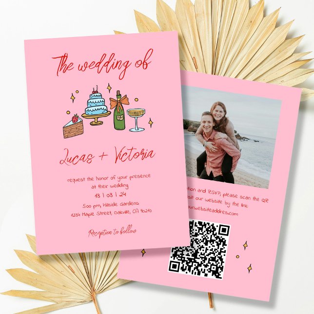 Hand Drawn Pink Whimsical QR Code Photo Wedding Invitation (Creator Uploaded)