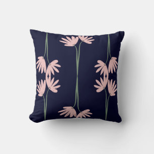 Hand Drawn Pink Wild Flowers Navy Blue Throw Pillow