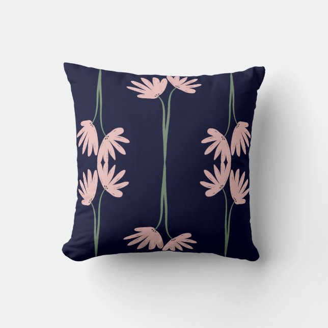 Hand Drawn Pink Wild Flowers Navy Blue Throw Pillow (Front)
