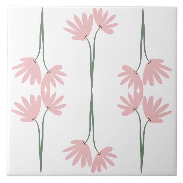 Hand Drawn Pink Wild Flowers White Tile (Front)