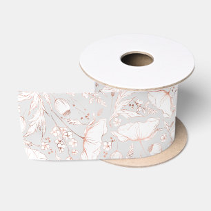 Hand-drawn Pink Wildflowers Elegant Light Grey Satin Ribbon