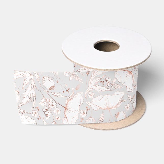 Hand-drawn Pink Wildflowers Elegant Light Grey Satin Ribbon (Spool)