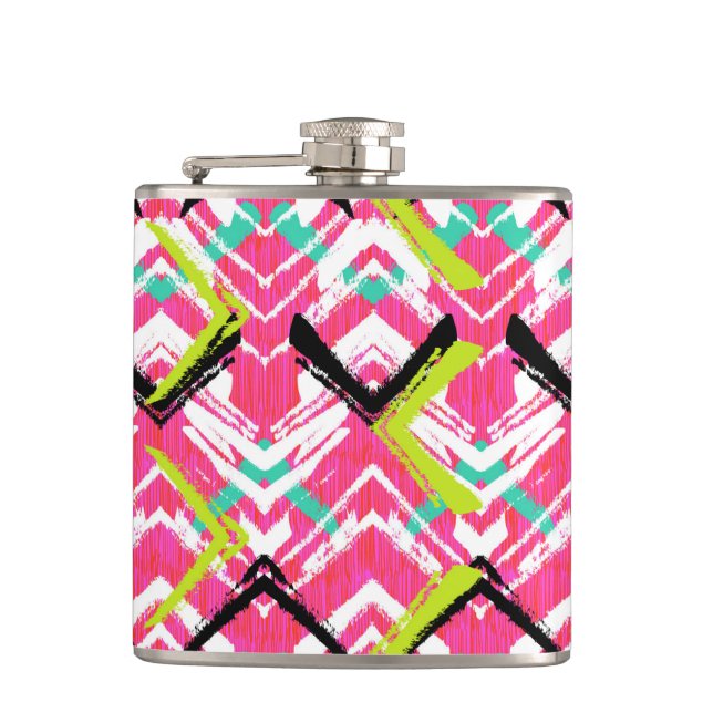 Hand Drawn Pink Zig Zag Pattern Hip Flask (Front)