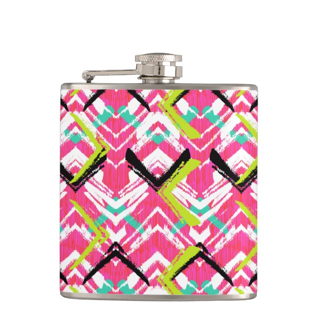 Hand Drawn Pink Zig Zag Pattern Hip Flask (Front)