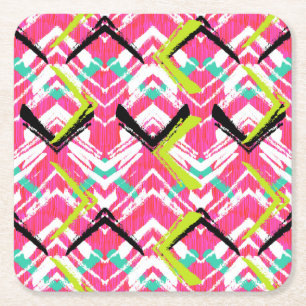 Hand Drawn Pink Zig Zag Pattern Square Paper Coaster